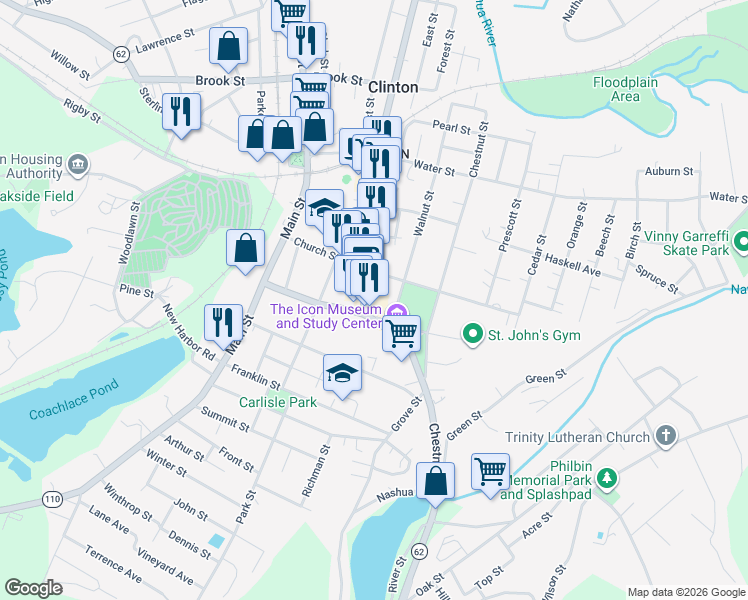 map of restaurants, bars, coffee shops, grocery stores, and more near 58 High Street in Clinton