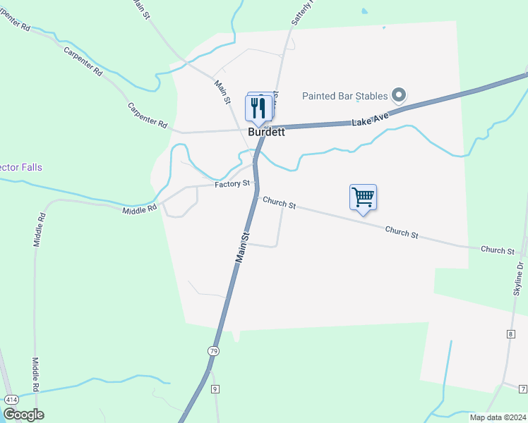 map of restaurants, bars, coffee shops, grocery stores, and more near 3782-3784 Main Street in Burdett