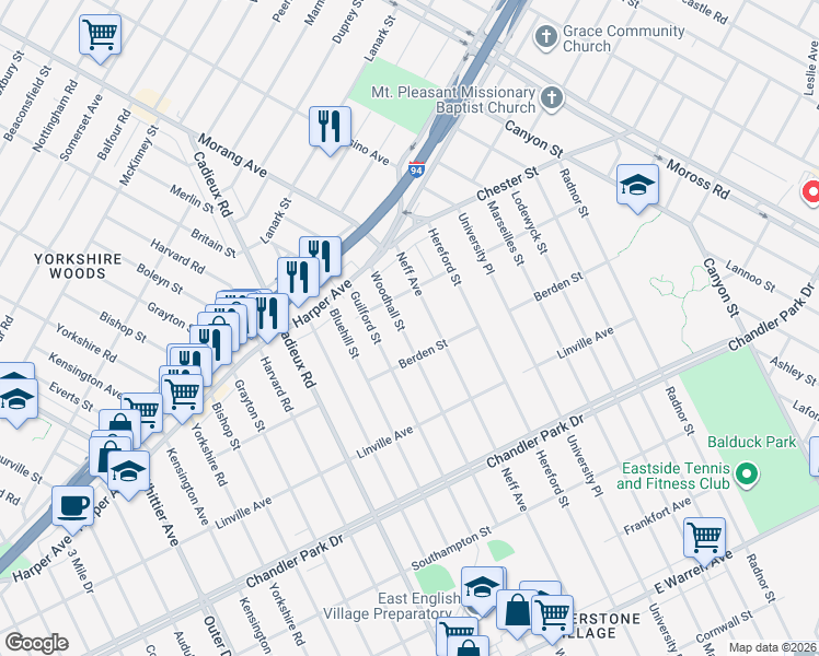 map of restaurants, bars, coffee shops, grocery stores, and more near 6200 Woodhall Street in Detroit