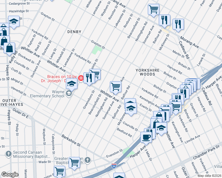 map of restaurants, bars, coffee shops, grocery stores, and more near 10468 Nottingham Road in Detroit