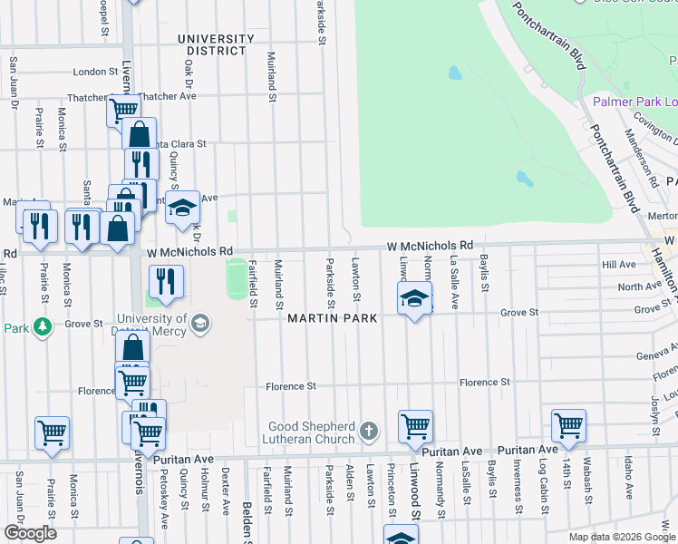 map of restaurants, bars, coffee shops, grocery stores, and more near 16942 Parkside Street in Detroit
