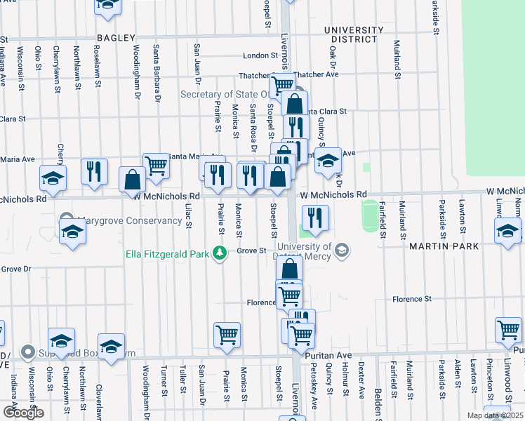 map of restaurants, bars, coffee shops, grocery stores, and more near 7021 West McNichols Road in Detroit
