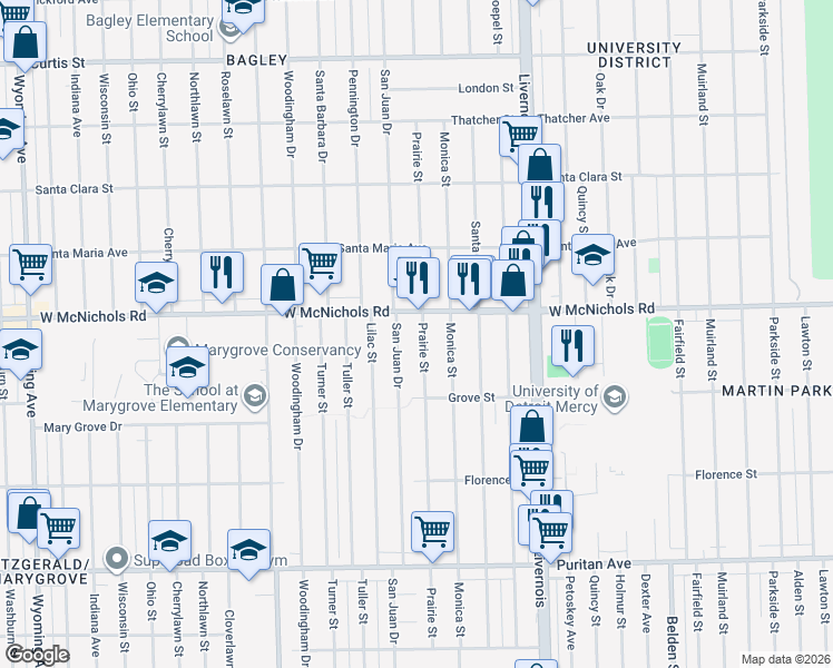 map of restaurants, bars, coffee shops, grocery stores, and more near 7355 West McNichols Road in Detroit