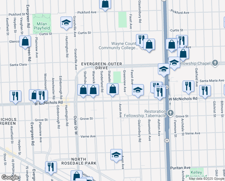 map of restaurants, bars, coffee shops, grocery stores, and more near 17211 Avon Avenue in Detroit