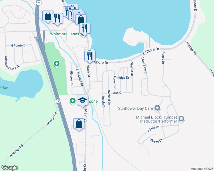 map of restaurants, bars, coffee shops, grocery stores, and more near 9110 Lincoln Drive in Whitmore Lake