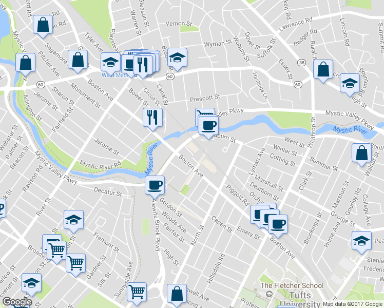 map of restaurants, bars, coffee shops, grocery stores, and more near U-Haul Driveway in Somerville