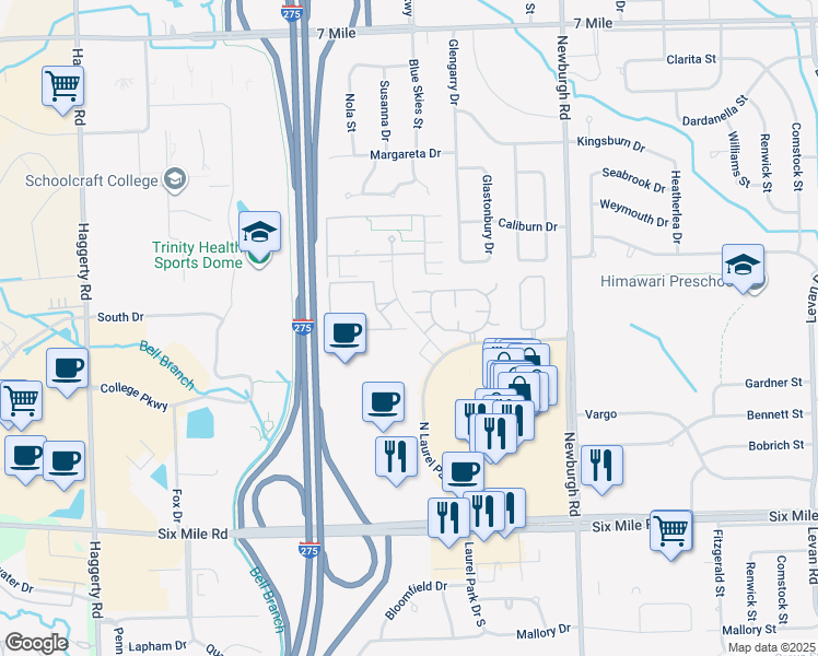map of restaurants, bars, coffee shops, grocery stores, and more near 17971 University Park Drive in Livonia