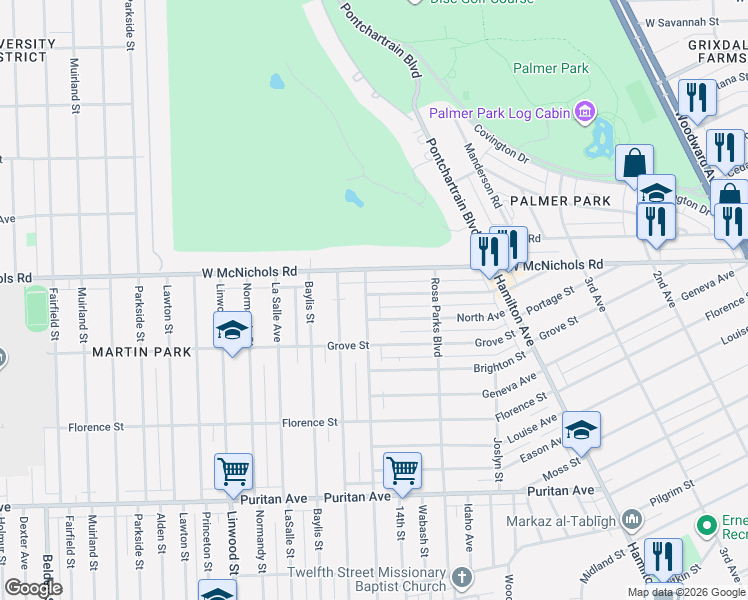 map of restaurants, bars, coffee shops, grocery stores, and more near 204 Hill Avenue in Highland Park