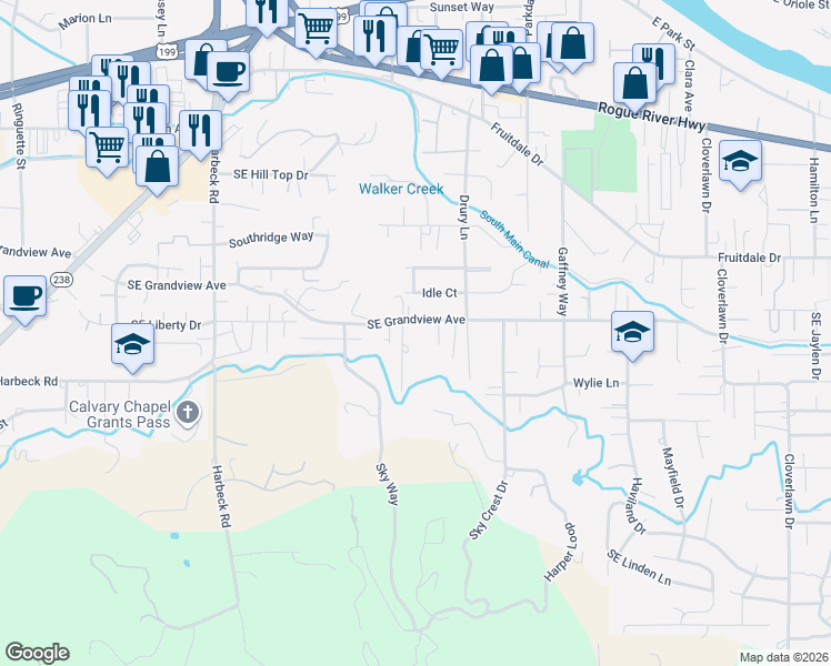 map of restaurants, bars, coffee shops, grocery stores, and more near 800 Southeast Grandview Avenue in Grants Pass