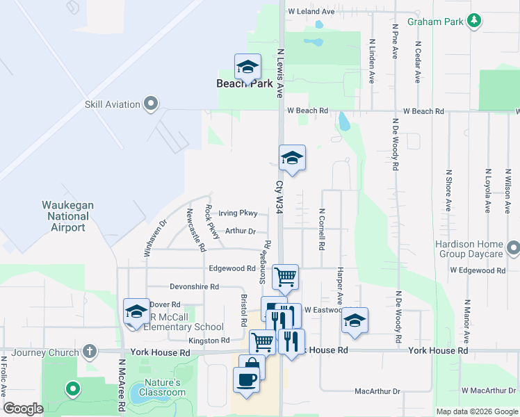 map of restaurants, bars, coffee shops, grocery stores, and more near 1922 Irving Parkway in Waukegan