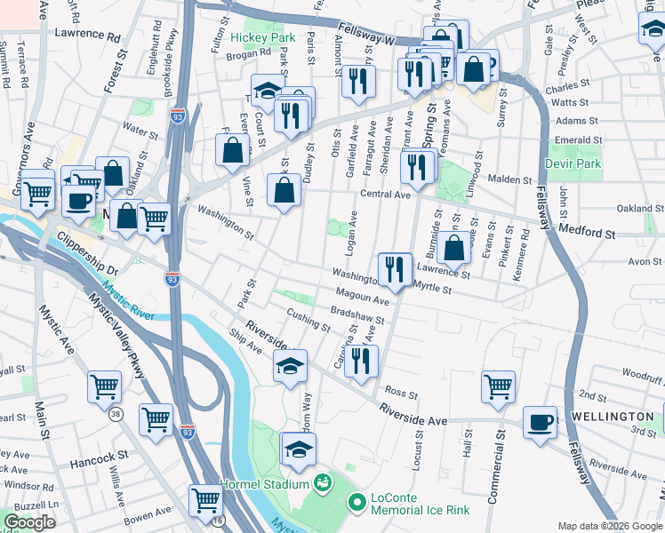 map of restaurants, bars, coffee shops, grocery stores, and more near 12 Otis Street in Medford