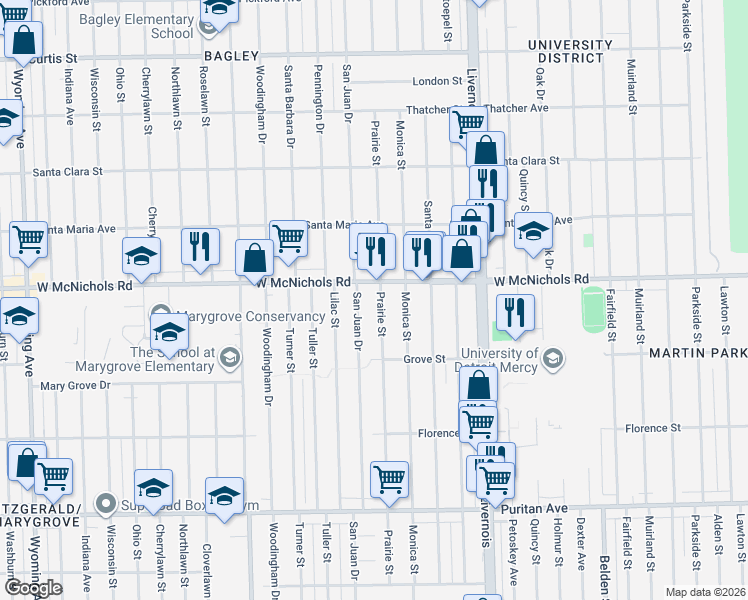 map of restaurants, bars, coffee shops, grocery stores, and more near 7355 West McNichols Road in Detroit