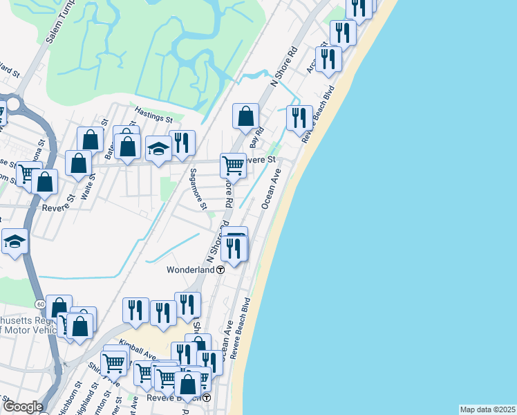 map of restaurants, bars, coffee shops, grocery stores, and more near 660 Ocean Avenue in Winthrop