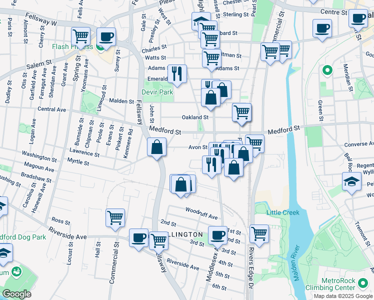 map of restaurants, bars, coffee shops, grocery stores, and more near 107 Avon Street in Malden