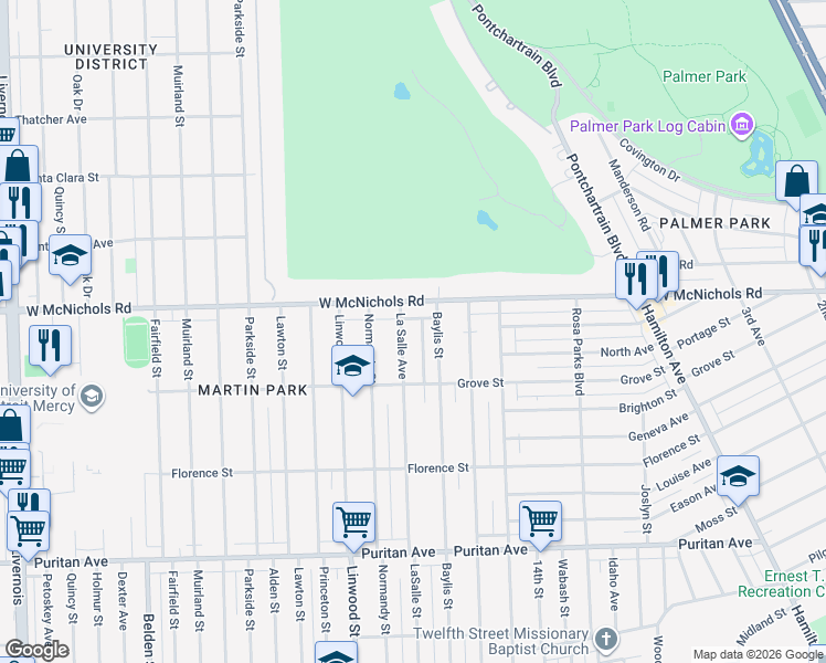 map of restaurants, bars, coffee shops, grocery stores, and more near 16936 La Salle Avenue in Detroit