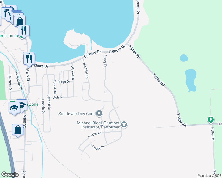 map of restaurants, bars, coffee shops, grocery stores, and more near 9062 Posey Drive in Whitmore Lake
