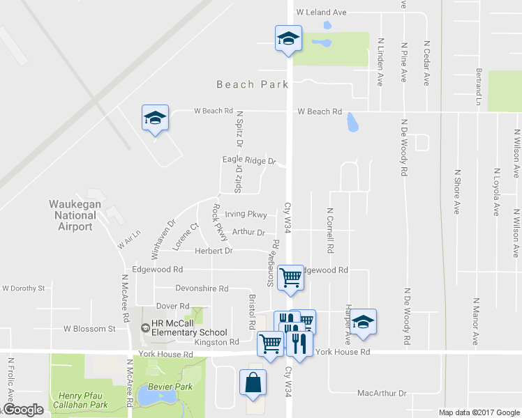 map of restaurants, bars, coffee shops, grocery stores, and more near 1922 Irving Parkway in Waukegan