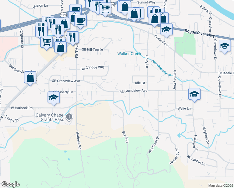 map of restaurants, bars, coffee shops, grocery stores, and more near 568 Southeast Grandview Avenue in Grants Pass