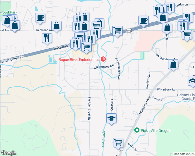 map of restaurants, bars, coffee shops, grocery stores, and more near 1134 Southwest Lafayette Drive in Grants Pass