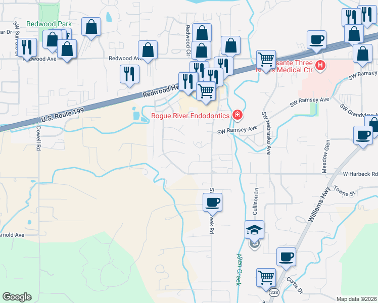 map of restaurants, bars, coffee shops, grocery stores, and more near 1347 Westview Drive in Grants Pass
