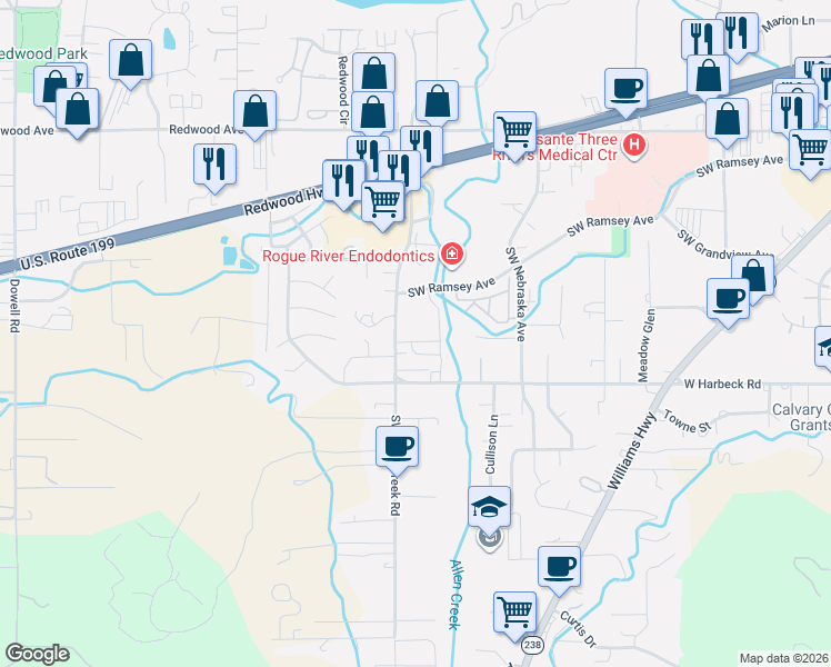 map of restaurants, bars, coffee shops, grocery stores, and more near 1134 Southwest Lafayette Drive in Grants Pass