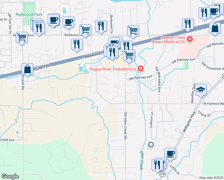 map of restaurants, bars, coffee shops, grocery stores, and more near 1347 Westview Drive in Grants Pass