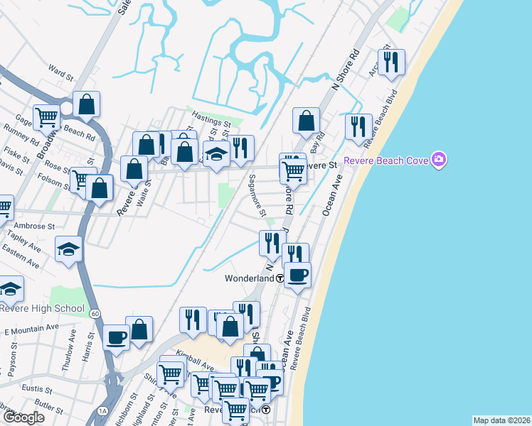 map of restaurants, bars, coffee shops, grocery stores, and more near 51 Agawam Street in Revere