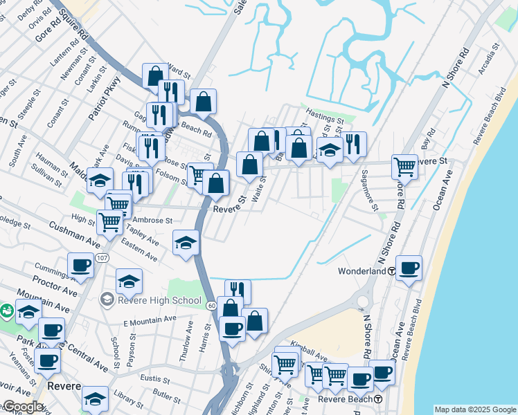map of restaurants, bars, coffee shops, grocery stores, and more near 55 Shurtleff Street in Revere
