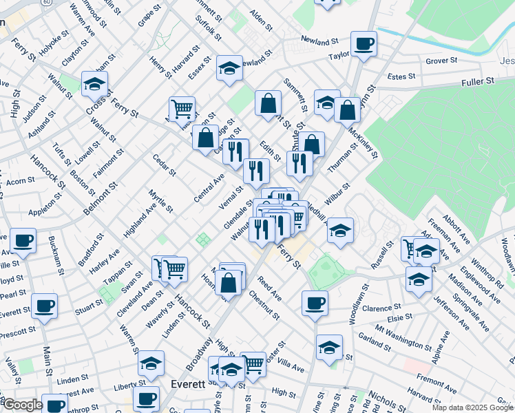 map of restaurants, bars, coffee shops, grocery stores, and more near 405 Ferry Street in Everett
