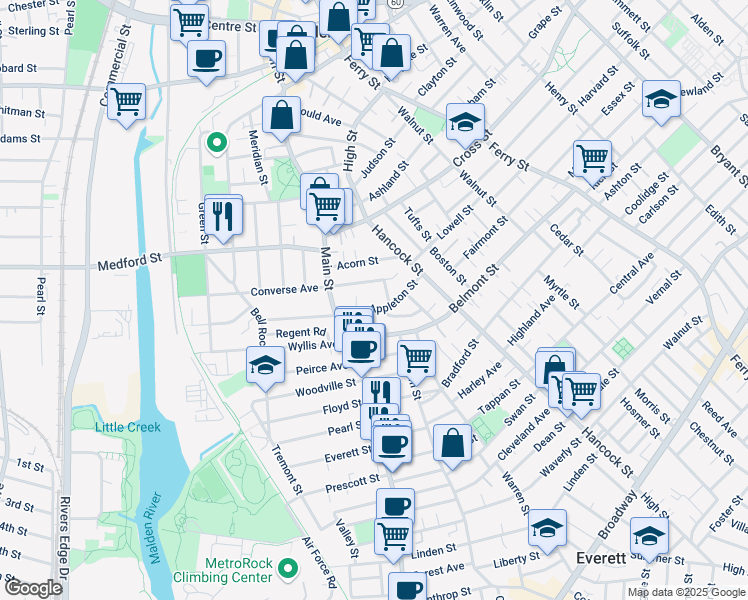 map of restaurants, bars, coffee shops, grocery stores, and more near 25 Clarendon Street in Malden