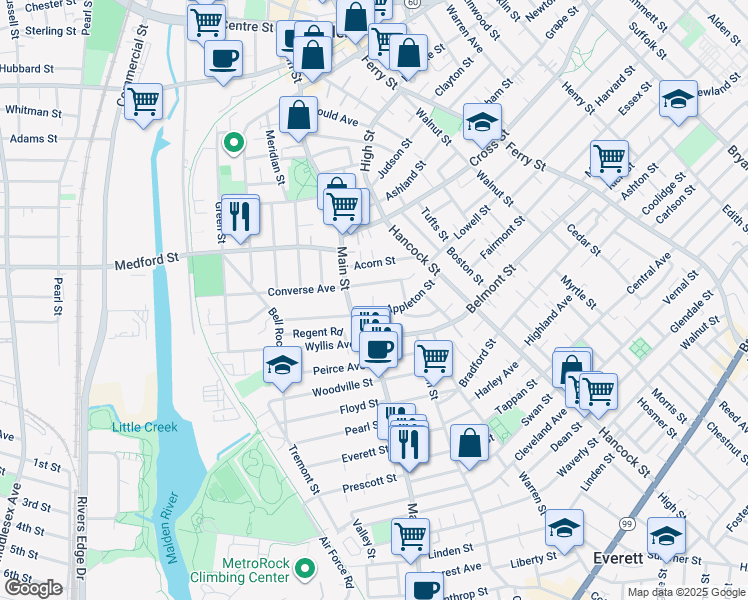 map of restaurants, bars, coffee shops, grocery stores, and more near 25 Clarendon Street in Malden