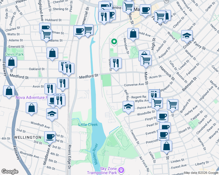 map of restaurants, bars, coffee shops, grocery stores, and more near 131 Converse Avenue in Malden