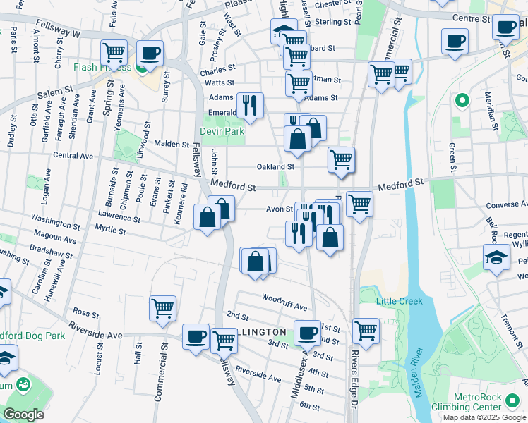 map of restaurants, bars, coffee shops, grocery stores, and more near 107 Avon Street in Malden