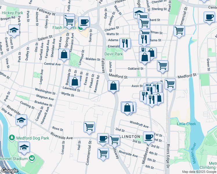 map of restaurants, bars, coffee shops, grocery stores, and more near 1033 Fellsway in Medford