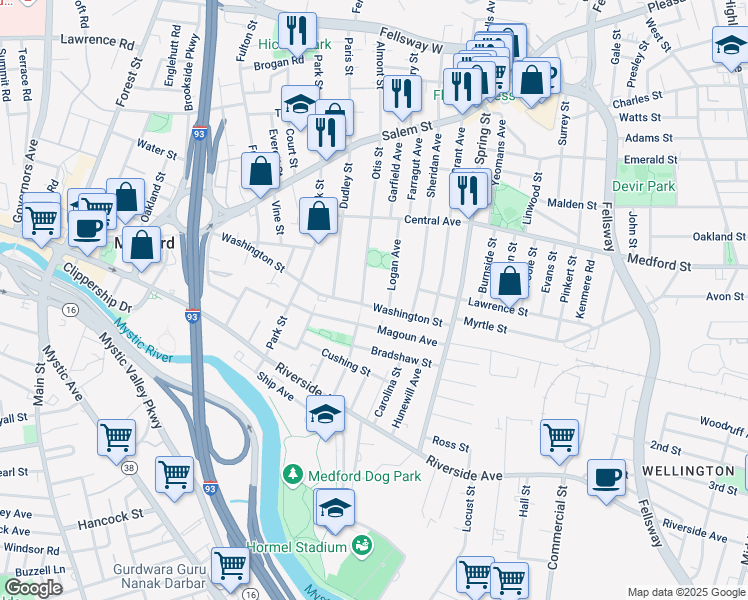 map of restaurants, bars, coffee shops, grocery stores, and more near 12 Otis Street in Medford