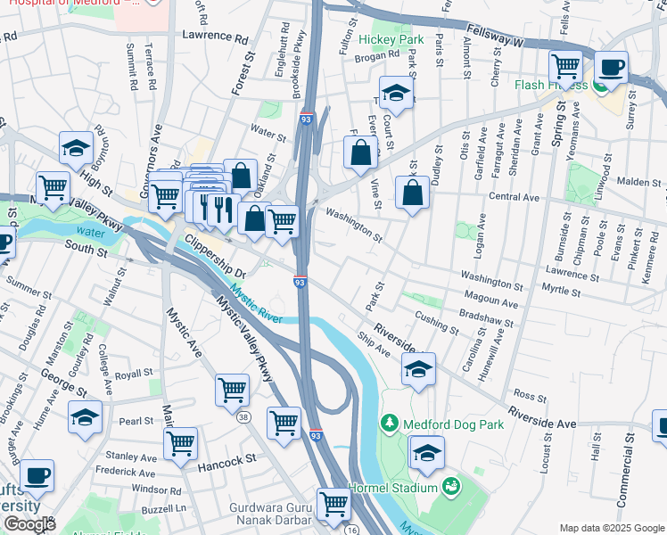 map of restaurants, bars, coffee shops, grocery stores, and more near 25 Daniels Street in Medford