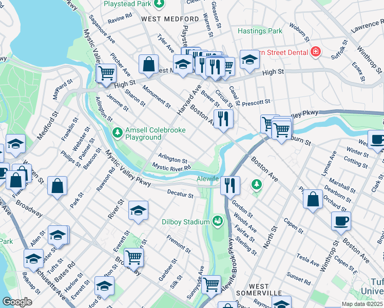 map of restaurants, bars, coffee shops, grocery stores, and more near 148 Jerome Street in Medford
