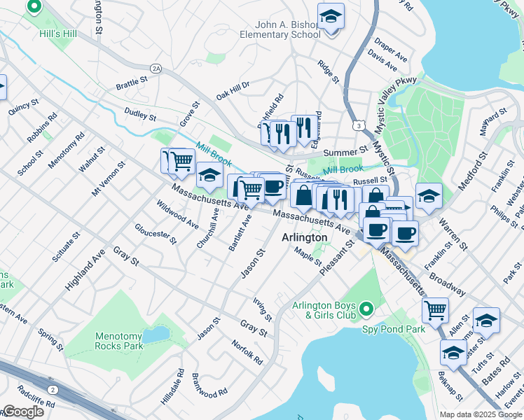 map of restaurants, bars, coffee shops, grocery stores, and more near 10 Ramsdell Court in Arlington