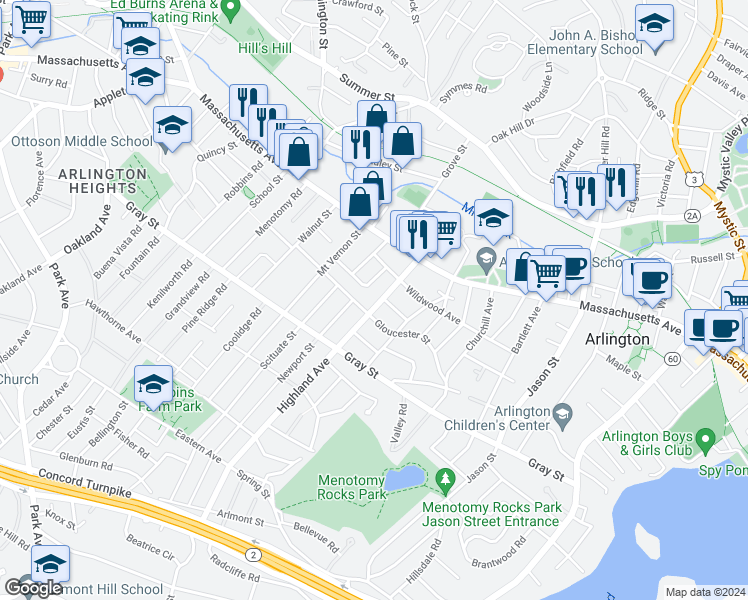 map of restaurants, bars, coffee shops, grocery stores, and more near 30 Moulton Road in Arlington