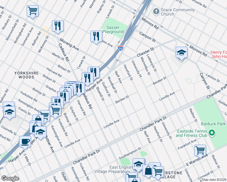 map of restaurants, bars, coffee shops, grocery stores, and more near 6200 Woodhall Street in Detroit