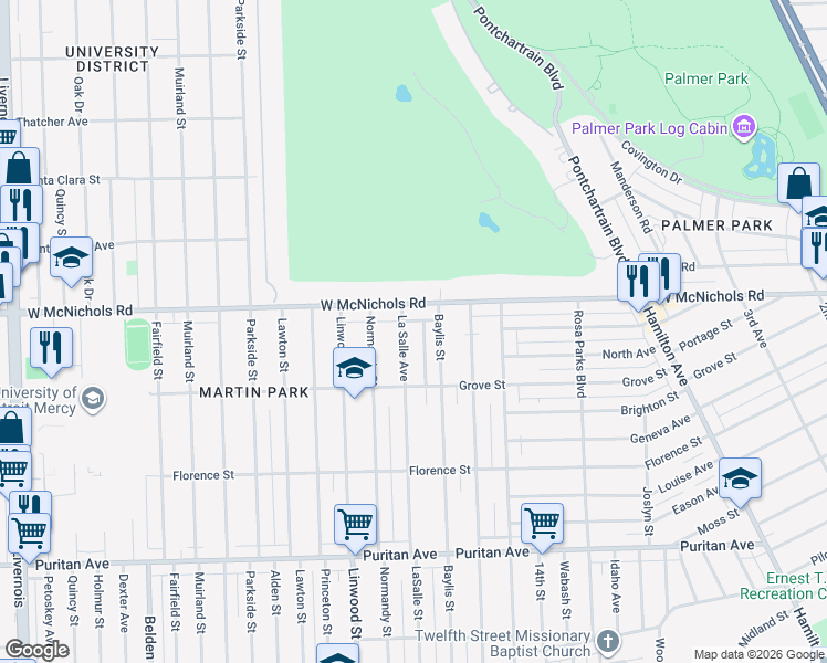 map of restaurants, bars, coffee shops, grocery stores, and more near 16936 La Salle Avenue in Detroit