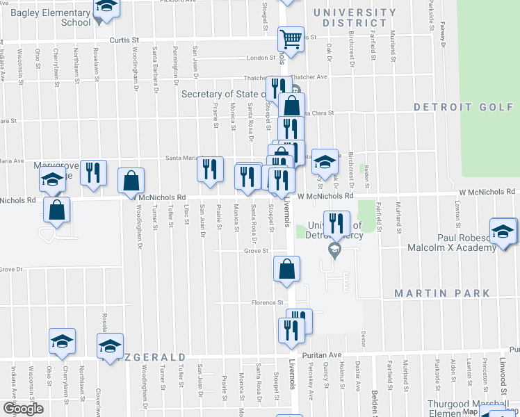 map of restaurants, bars, coffee shops, grocery stores, and more near 7021 West McNichols Road in Detroit