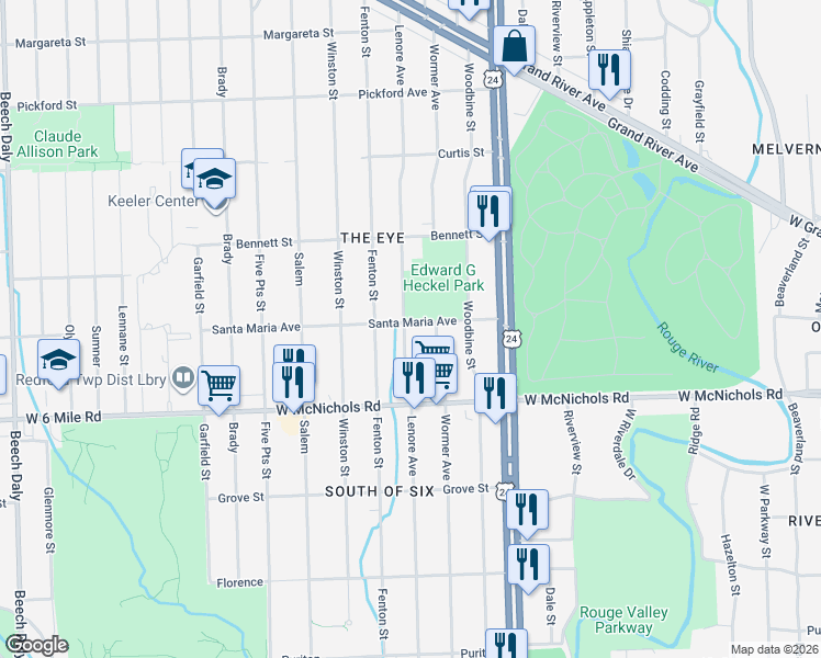map of restaurants, bars, coffee shops, grocery stores, and more near 17313 Lenore Avenue in Detroit