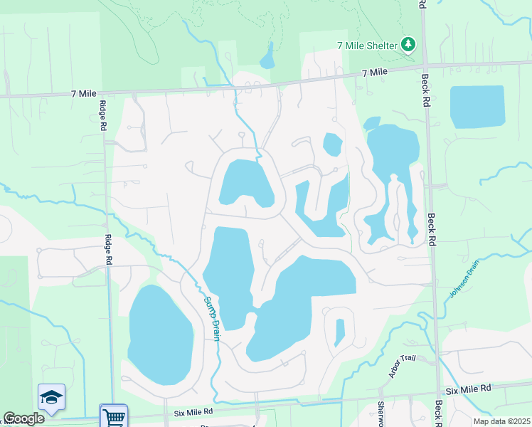 map of restaurants, bars, coffee shops, grocery stores, and more near 18415 Clairmont Circle East in Northville