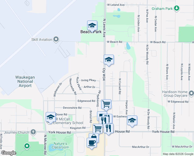 map of restaurants, bars, coffee shops, grocery stores, and more near 1922 Irving Parkway in Waukegan