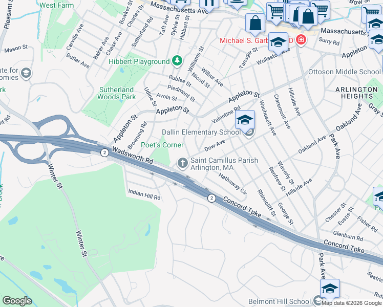 map of restaurants, bars, coffee shops, grocery stores, and more near 7 Campbell Road in Arlington