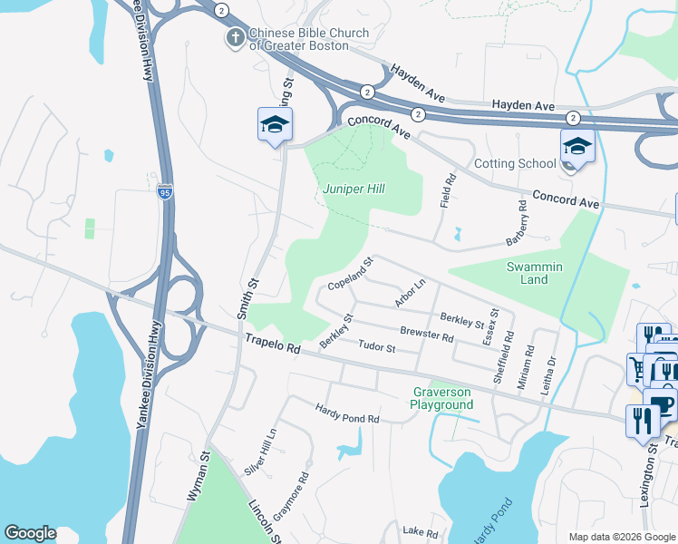 map of restaurants, bars, coffee shops, grocery stores, and more near 101 Copeland Street in Waltham