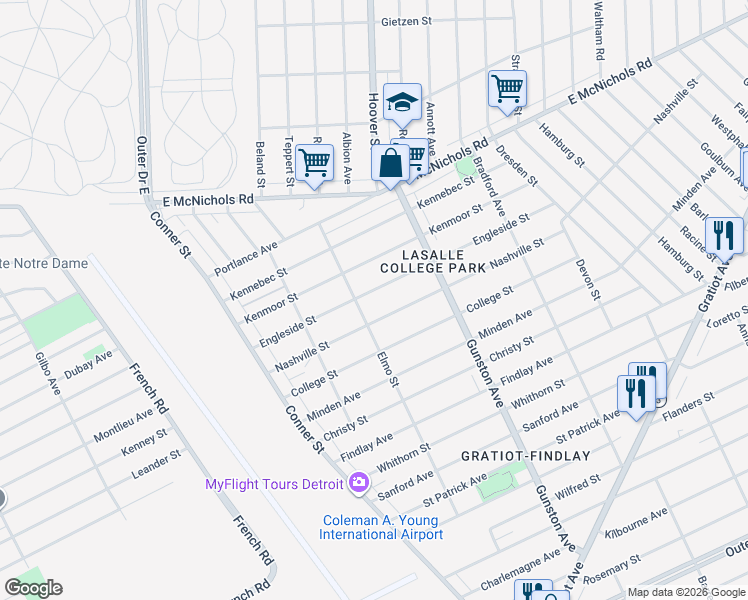 map of restaurants, bars, coffee shops, grocery stores, and more near 11445 Engleside Street in Detroit