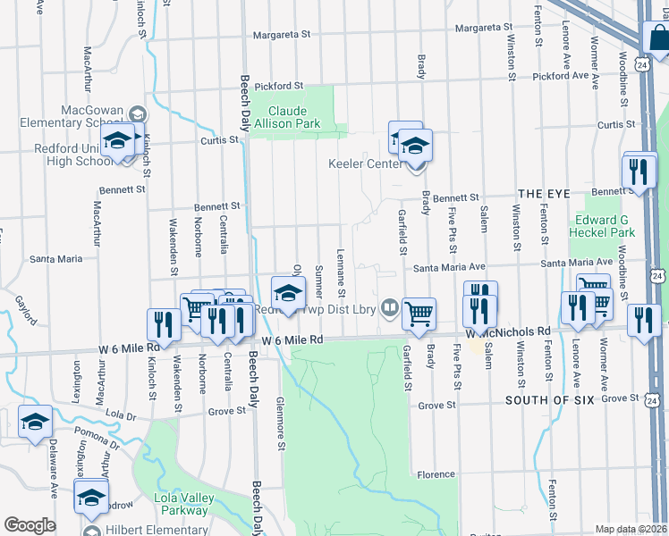 map of restaurants, bars, coffee shops, grocery stores, and more near 17330 Lennane in Redford Charter Township