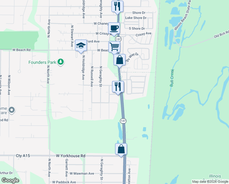 map of restaurants, bars, coffee shops, grocery stores, and more near 10041 West Howard Street in Beach Park
